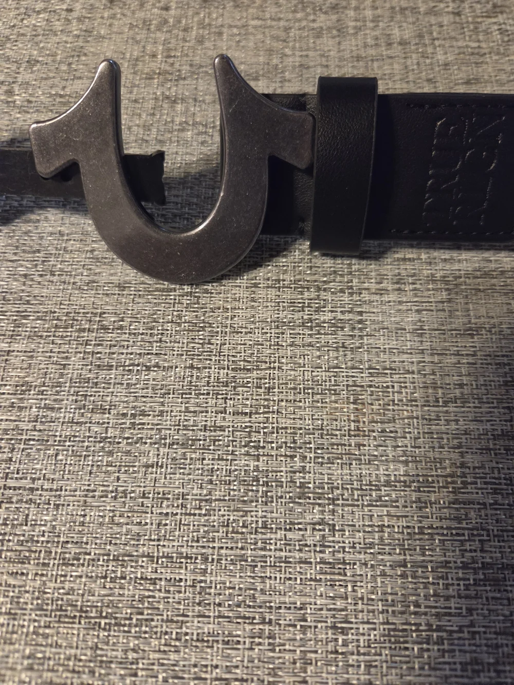 True Religion Black Leather Belt with Horseshoe Buckle